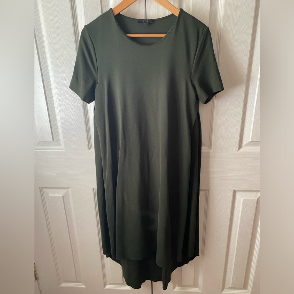 COS Forest Green Knit High-Low Hem Scoop Neck Short Sleeve Lagenlook Dress‎ SZ S